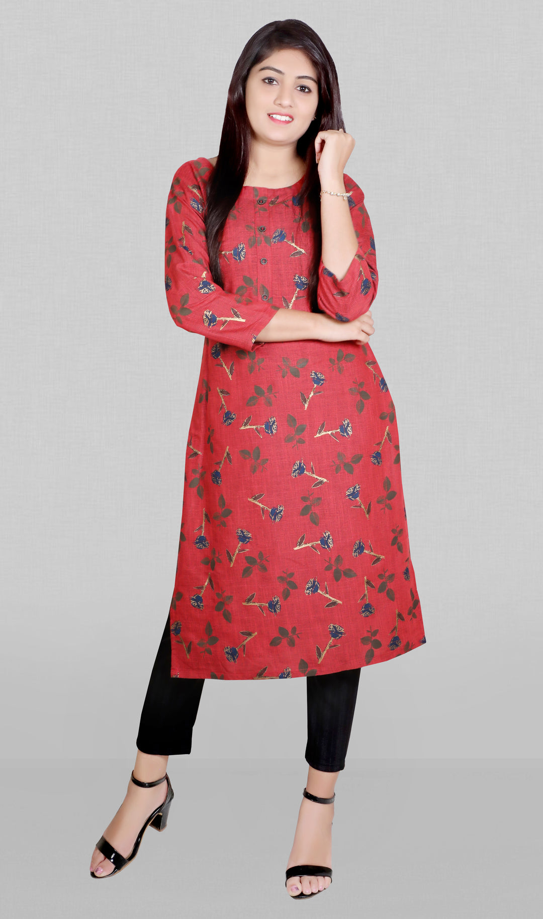 Pink Rayon Slub Long Kurti | Designer Foil Printed Ready-Made Outfit