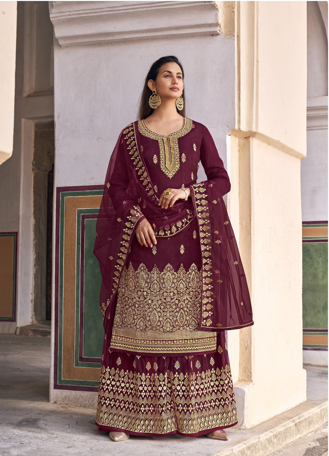 Elegant Maroon Suit | Wevon Design and Stone Work with Net Bottom and Dupatta