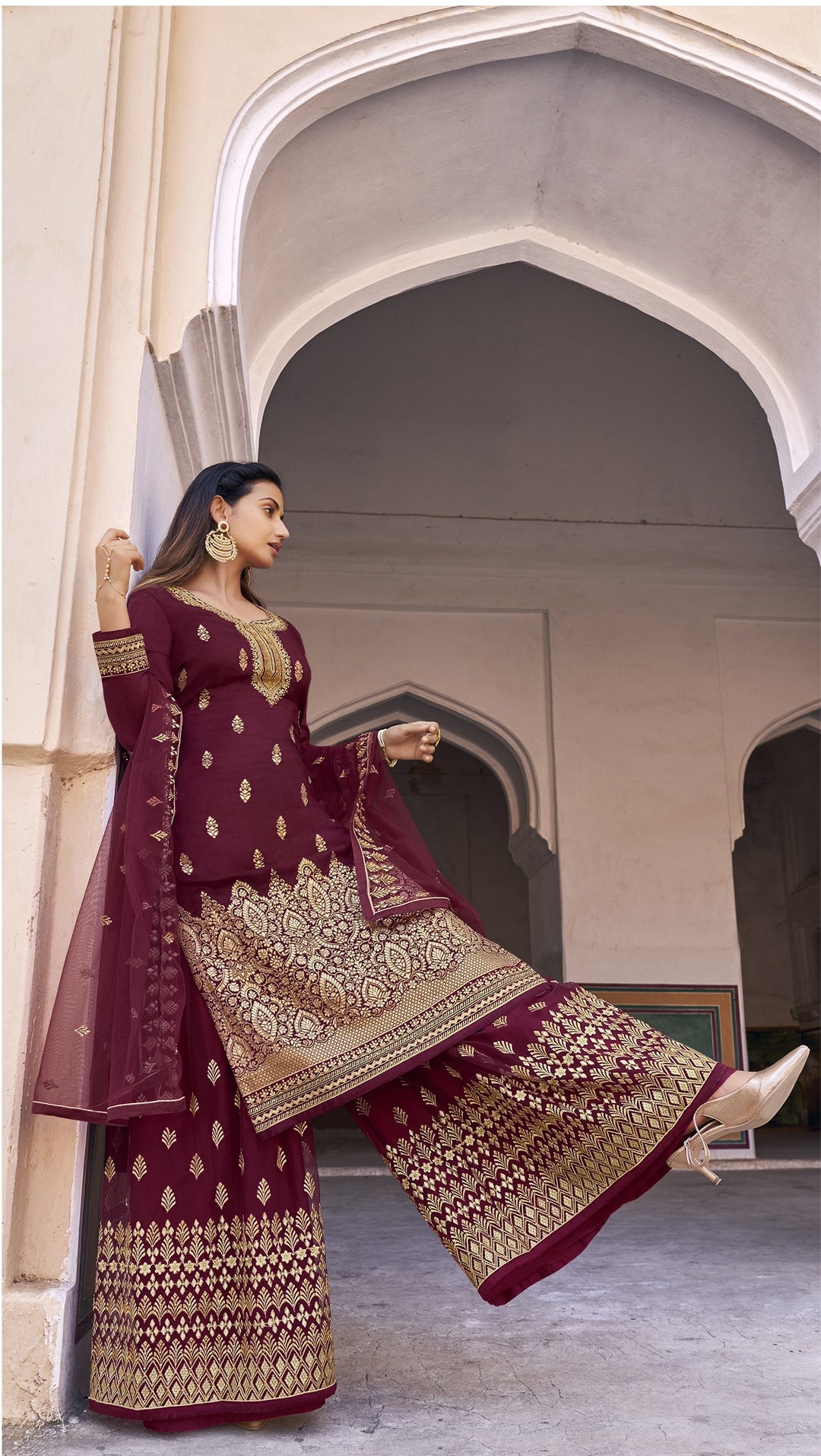 Elegant Maroon Suit | Wevon Design and Stone Work with Net Bottom and Dupatta