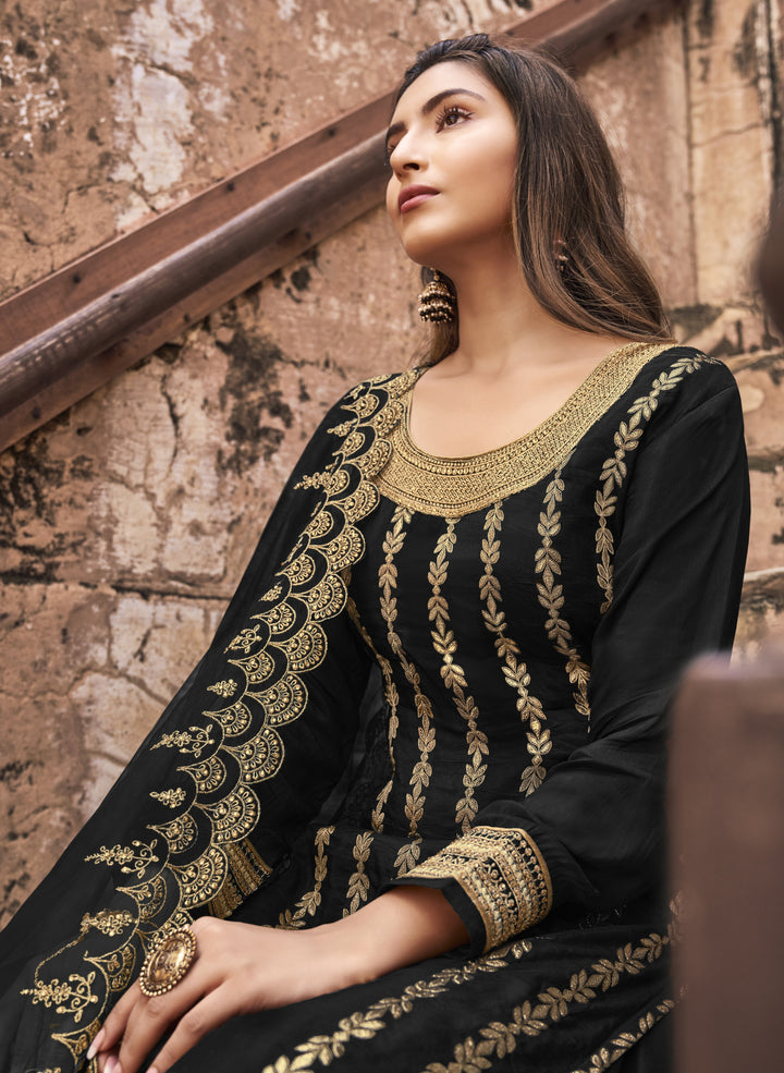 Elegant Black Suit | Wevon Design and Stone Work with Net Bottom and Dupatta