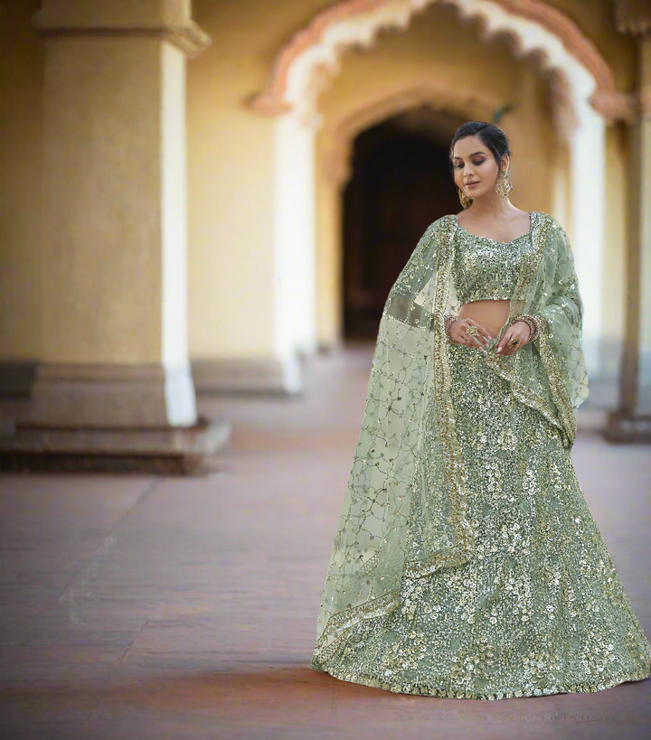 Designer Green Lehenga Choli | Soft Net with Thread & Stone Embroidery