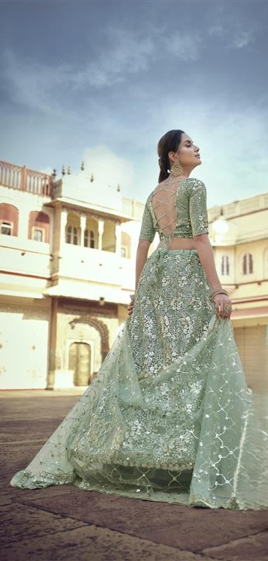 Designer Green Lehenga Choli | Soft Net with Thread & Stone Embroidery