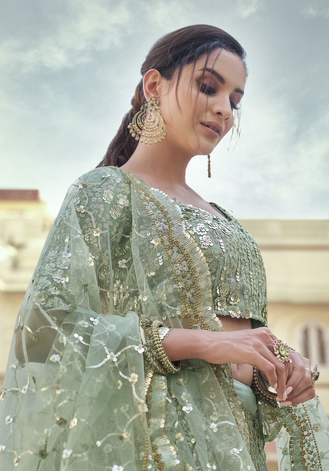 Designer Green Lehenga Choli | Soft Net with Thread & Stone Embroidery