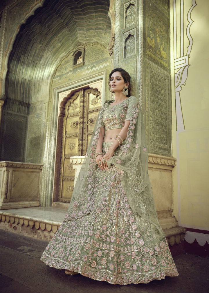 Designer Pista Green Lehenga Choli | Soft Net with Heavy Embroidery Work