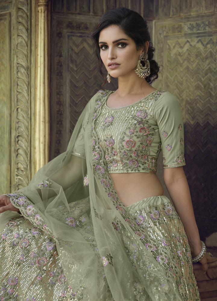 Designer Pista Green Lehenga Choli | Soft Net with Heavy Embroidery Work