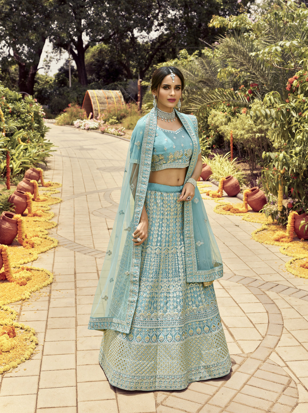 Turquoise Organza Lehenga Choli | Heavy Thread & Gota Work Bridal Wear