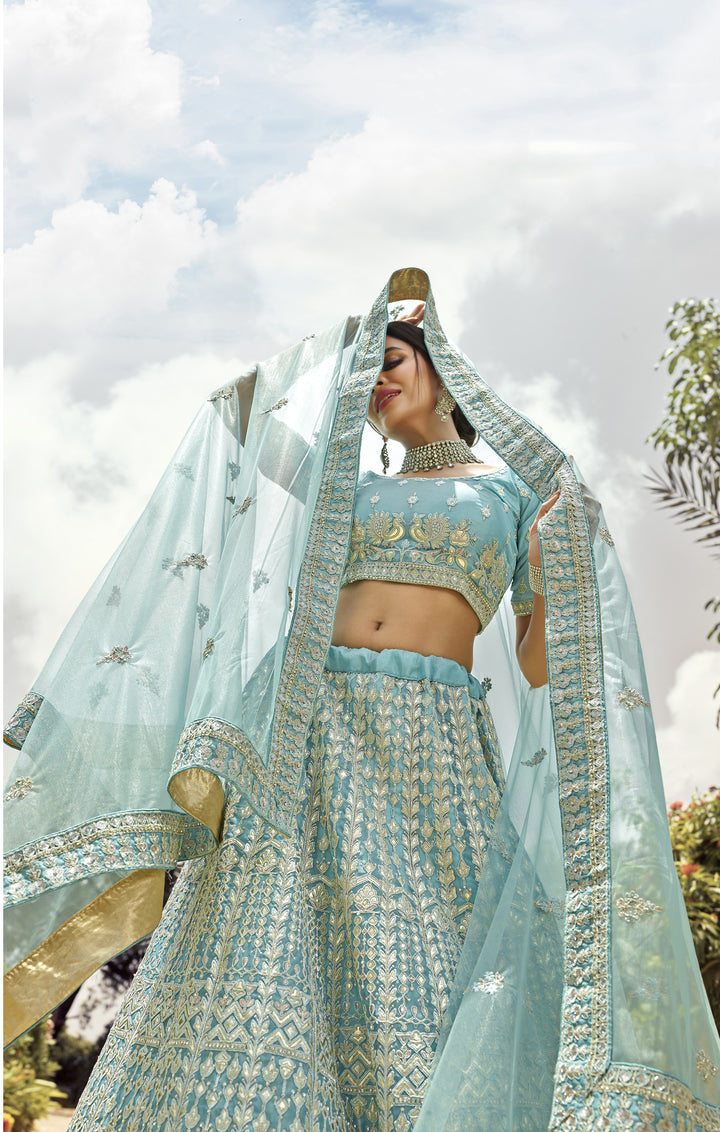 Turquoise Organza Lehenga Choli | Heavy Thread & Gota Work Bridal Wear