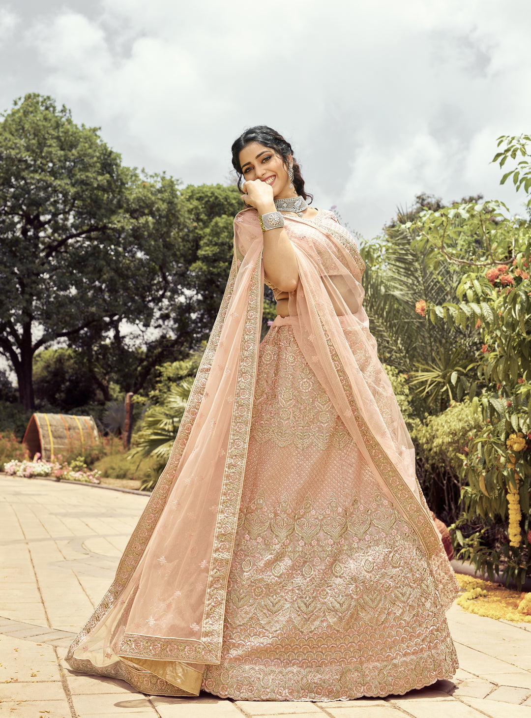 Peach Bridal Lehenga Choli | Organza with Thread & Jari Embroidery