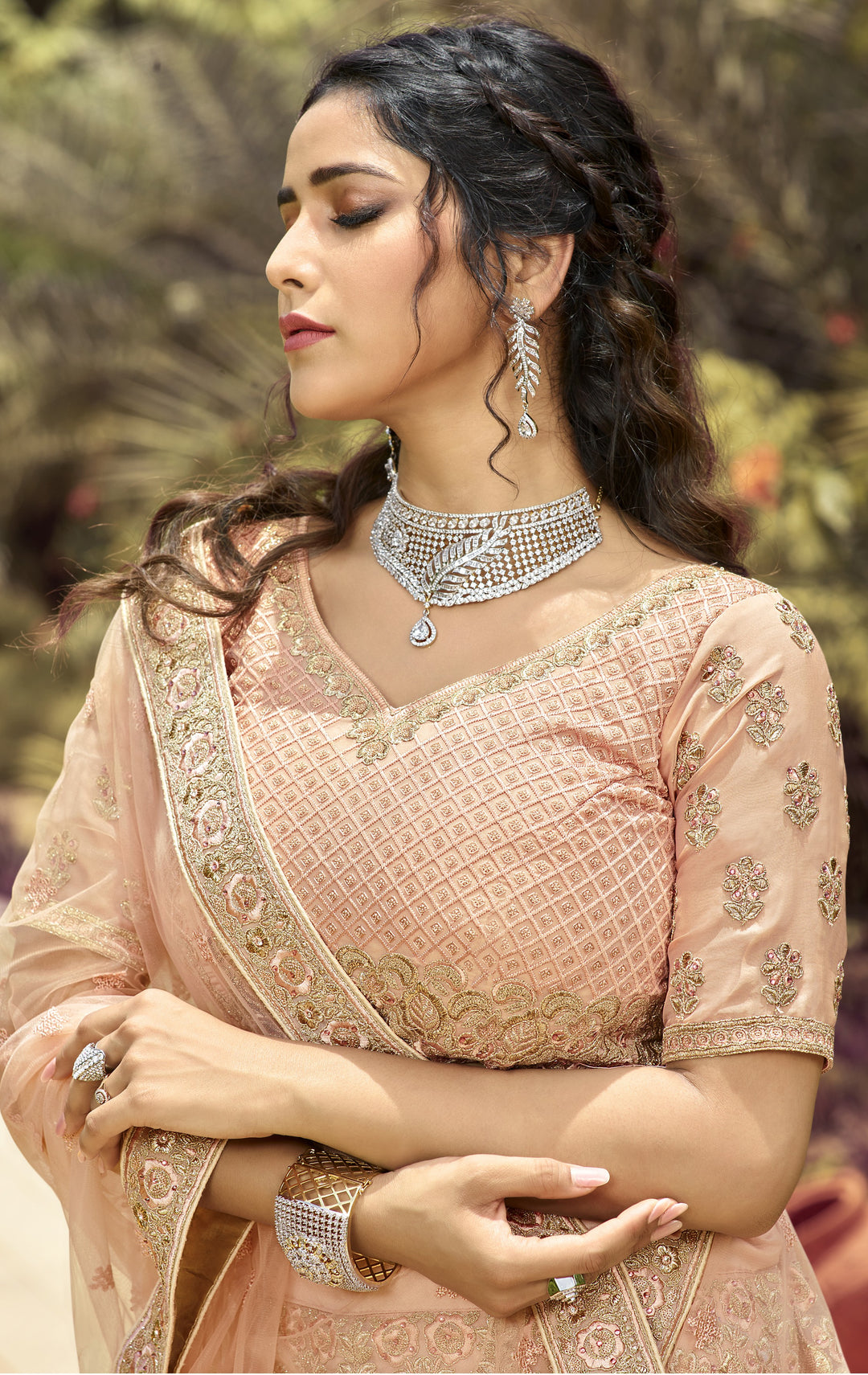 Peach Bridal Lehenga Choli | Organza with Thread & Jari Embroidery