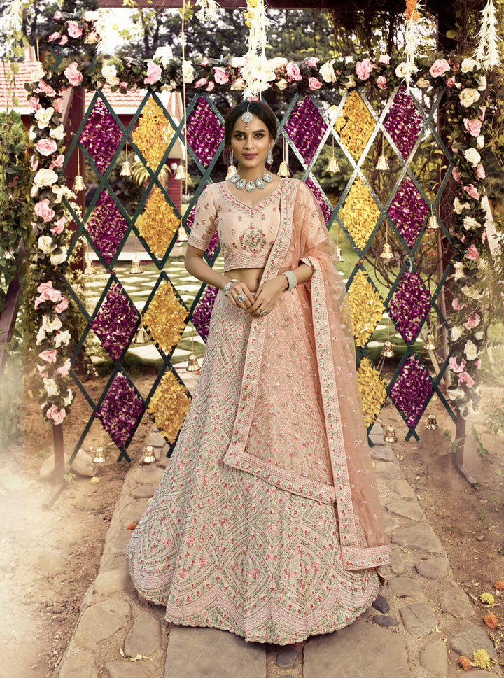 Designer Peach Lehenga | Crepe Fabric with Jari, Zarkan & Swarovski Work