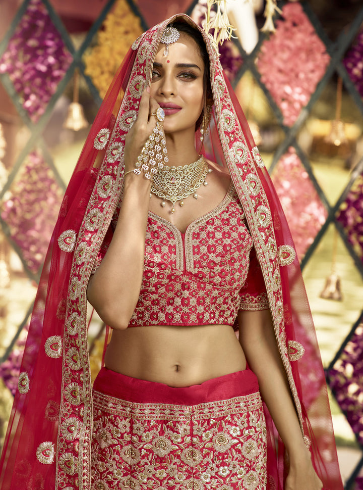 Red Bridal Lehenga Choli | Raw Silk with Zarkan, Jari & Dori Embroidery