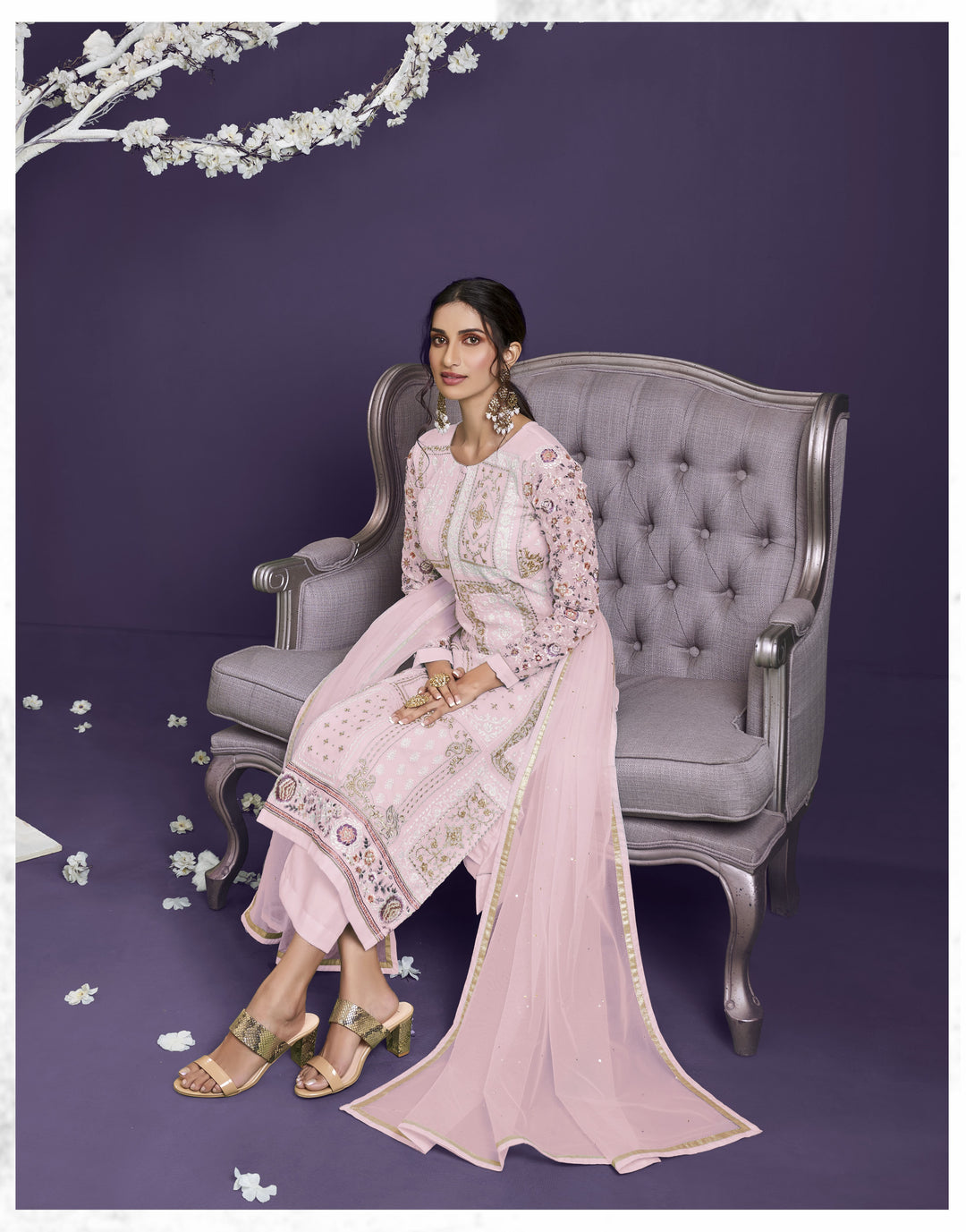 Designer Georgette Suit | Thread, Jari, and Sequin Embroidery with Net Dupatta