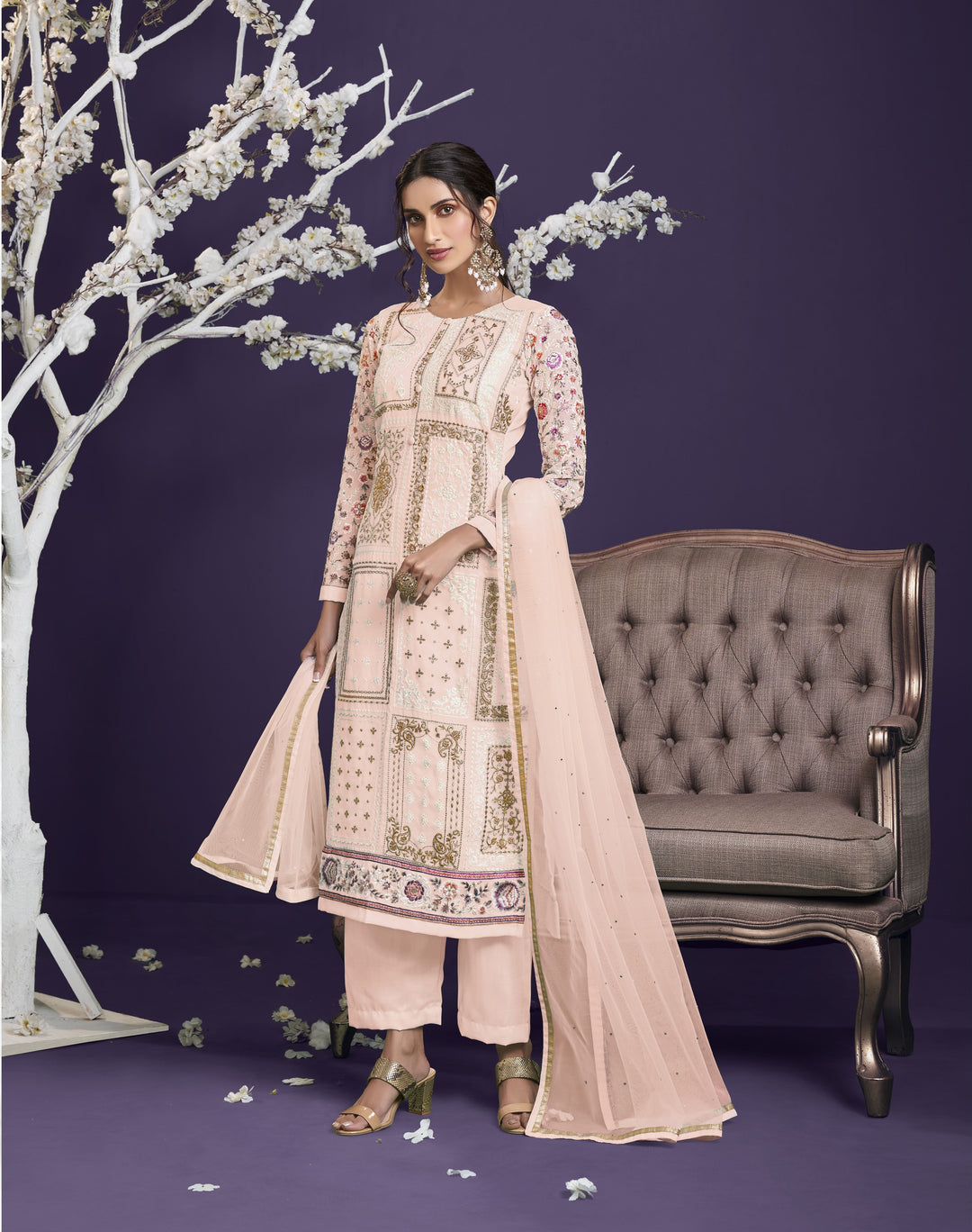 Designer Georgette Suit | Thread, Jari, and Sequin Embroidery with Net Dupatta