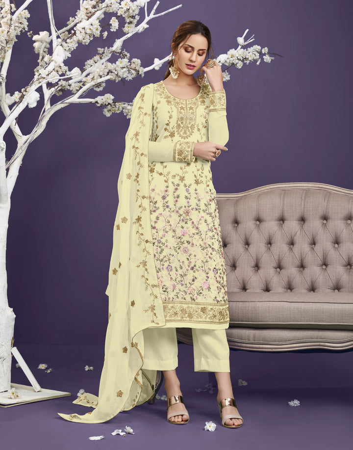 Yellow Georgette Suit | Heavy Embroidered Kameez with Jari, Thread, and Sequin Work