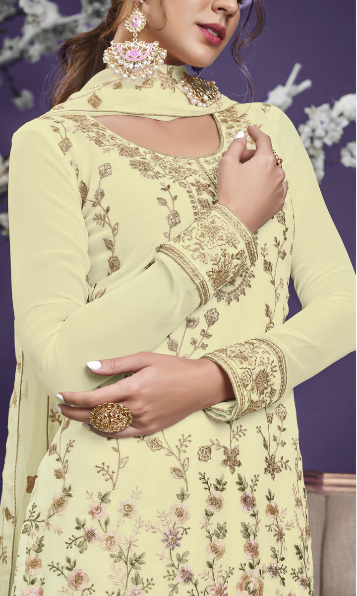 Yellow Georgette Suit | Heavy Embroidered Kameez with Jari, Thread, and Sequin Work