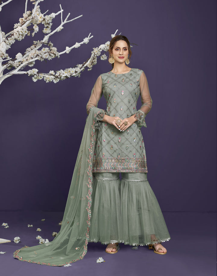 Designer Sharara Suit | Thread and Sequins Embroidered Net Kameez with Dupatta