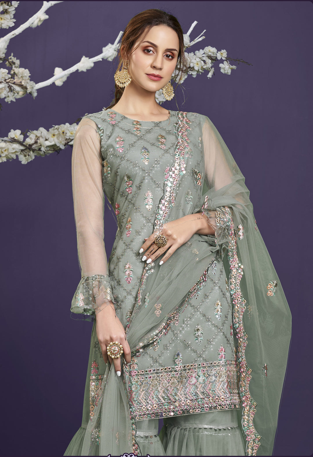 Designer Sharara Suit | Thread and Sequins Embroidered Net Kameez with Dupatta