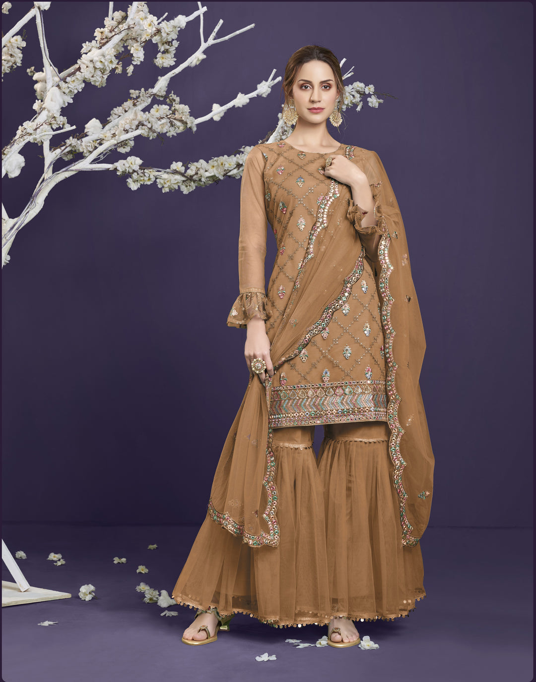 Designer Sharara Suit | Thread and Sequins Embroidered Net Kameez with Dupatta