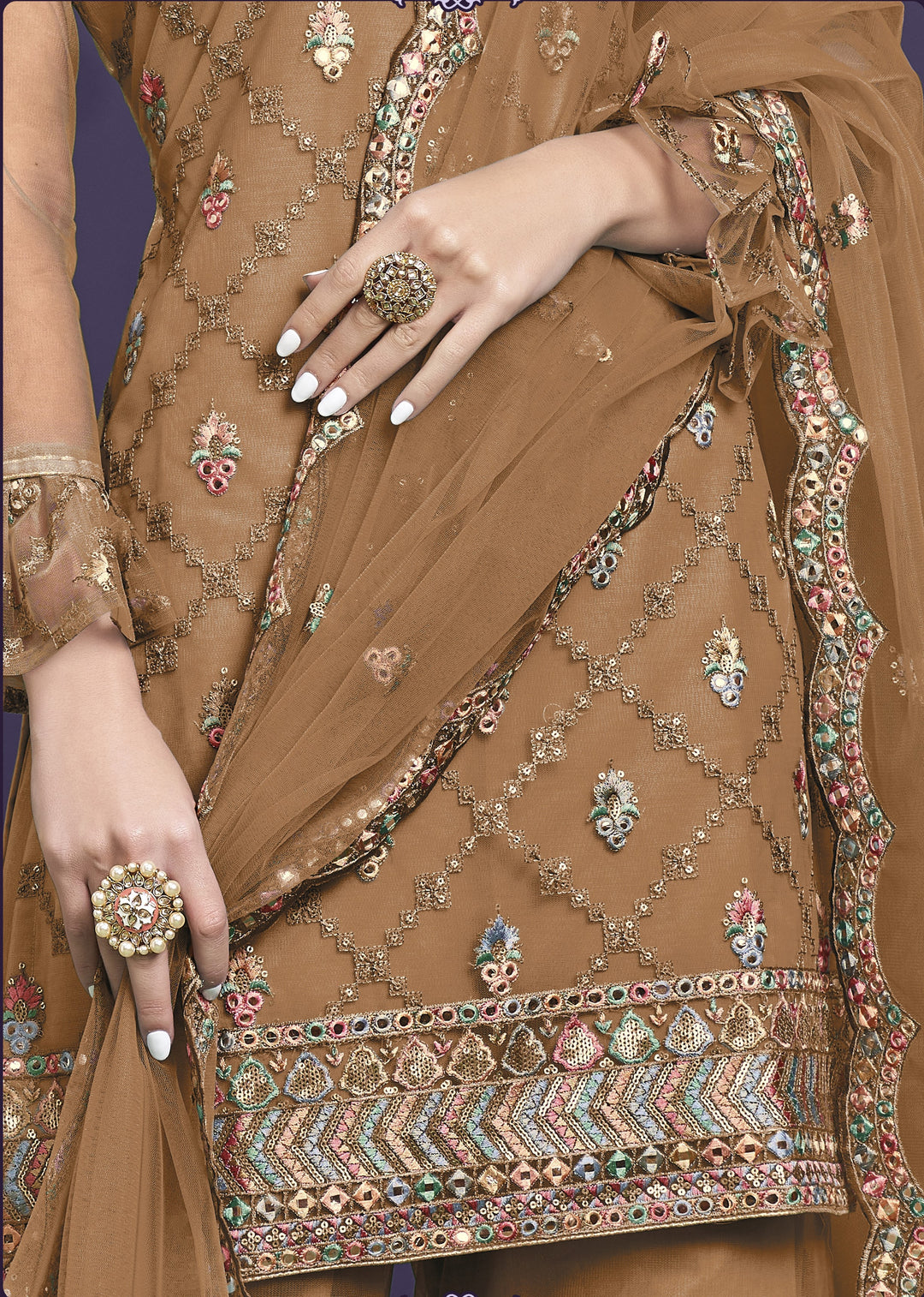 Designer Sharara Suit | Thread and Sequins Embroidered Net Kameez with Dupatta