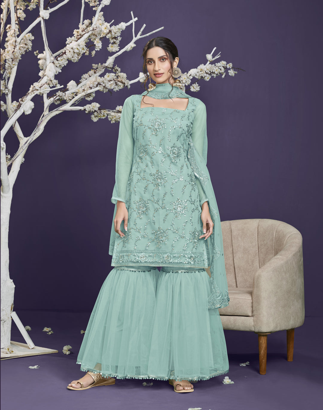 Elegant Aqua Sharara | Heavy Embroidered Butterfly Net Suit with Matching Dupatta