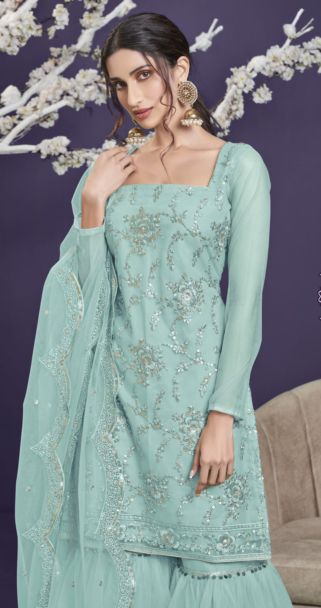 Elegant Aqua Sharara | Heavy Embroidered Butterfly Net Suit with Matching Dupatta