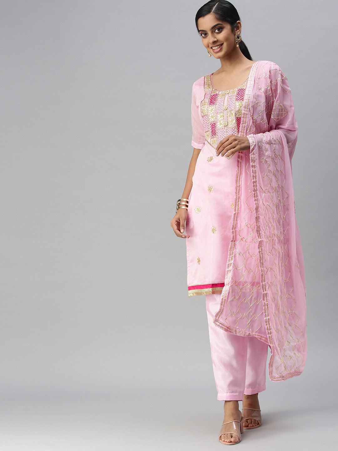 Elegant Gota Embroidered Suit | Chanderi Top with Santoon Bottom and Dupatta