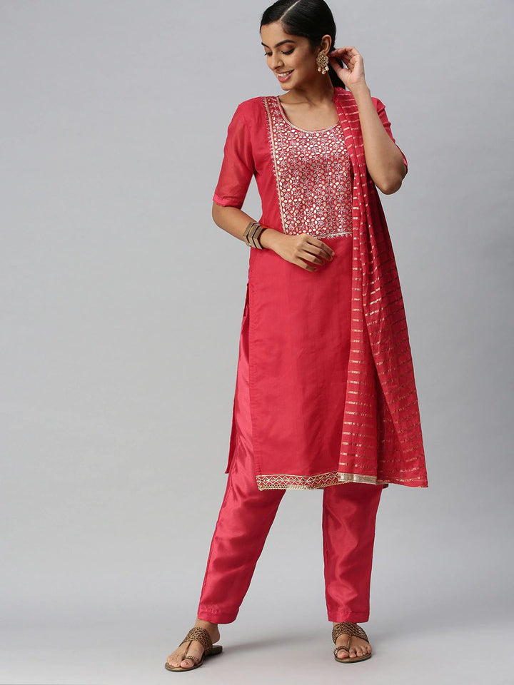 Elegant Hand Embroidered Suit | Chanderi Top with Santoon Bottom and Weaving Dupatta