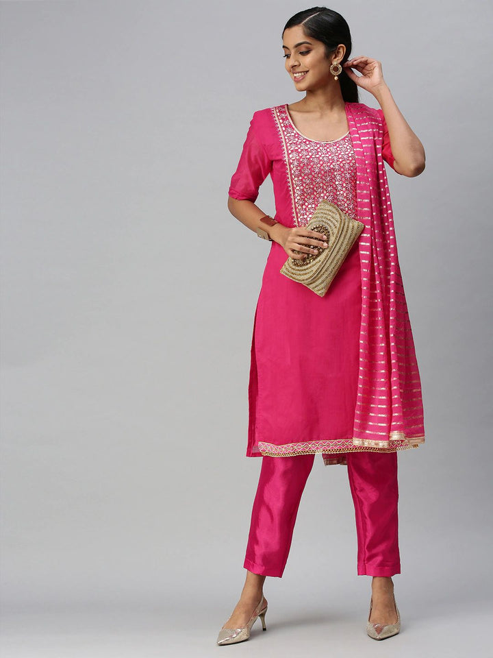 Elegant Hand Embroidered Suit | Chanderi Top with Santoon Bottom and Weaving Dupatta