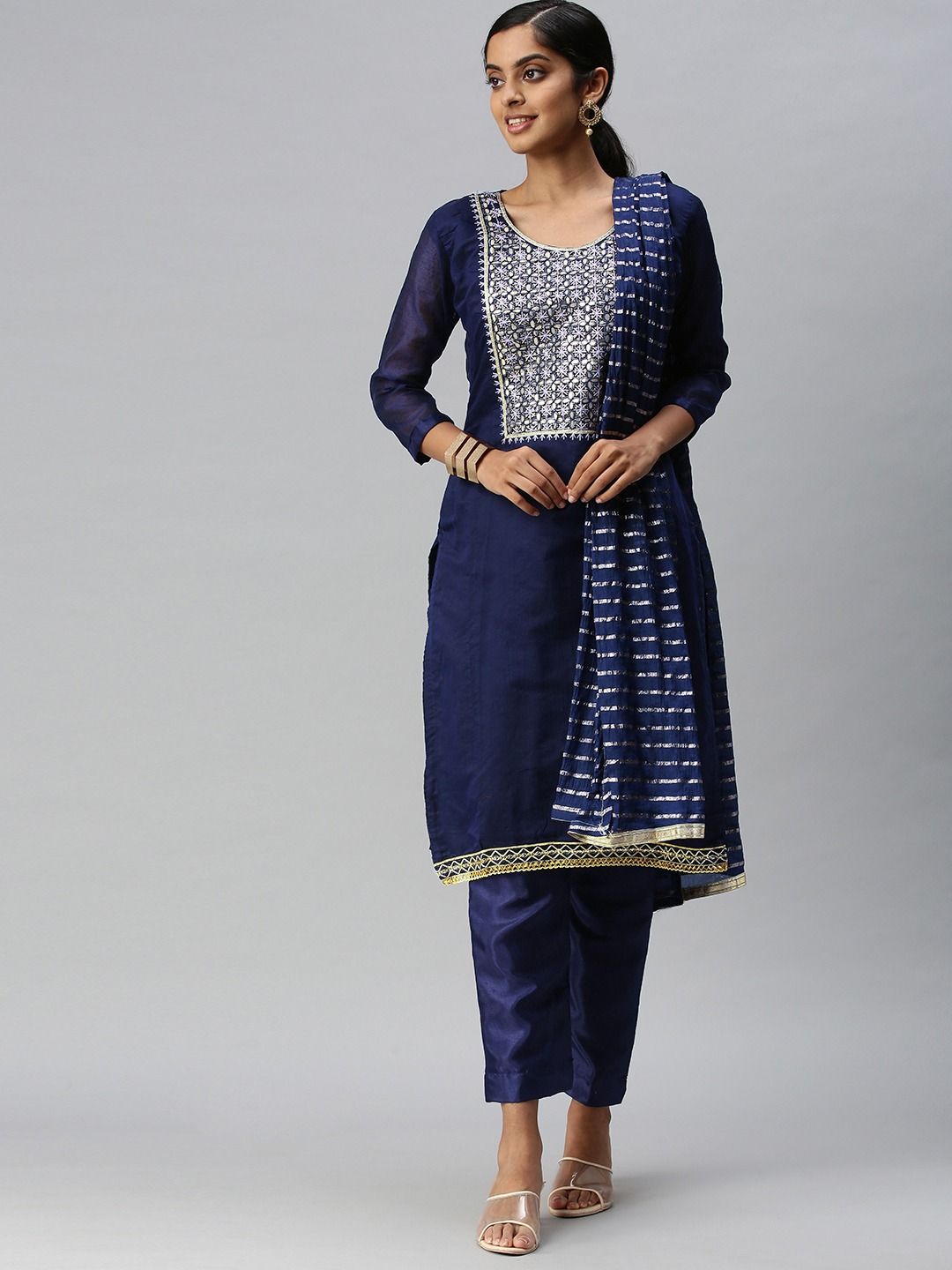 Elegant Hand Embroidered Suit | Chanderi Top with Santoon Bottom and Weaving Dupatta