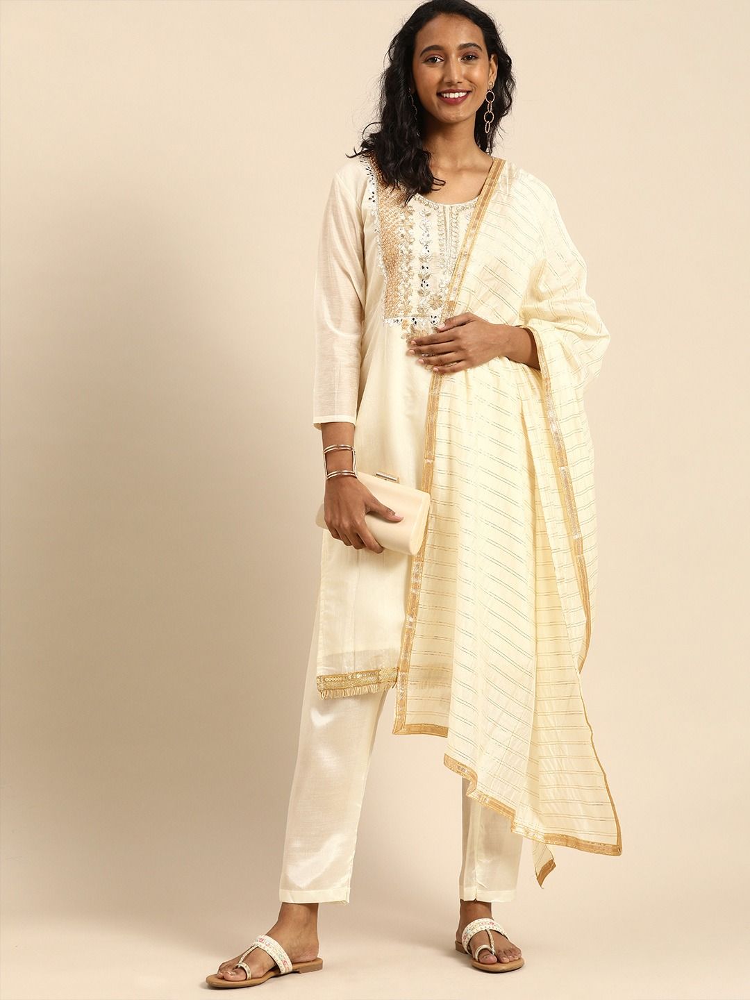 Cream Designer Suit | Hand Embroidered Modal Chanderi Kameez with Fancy Dupatta