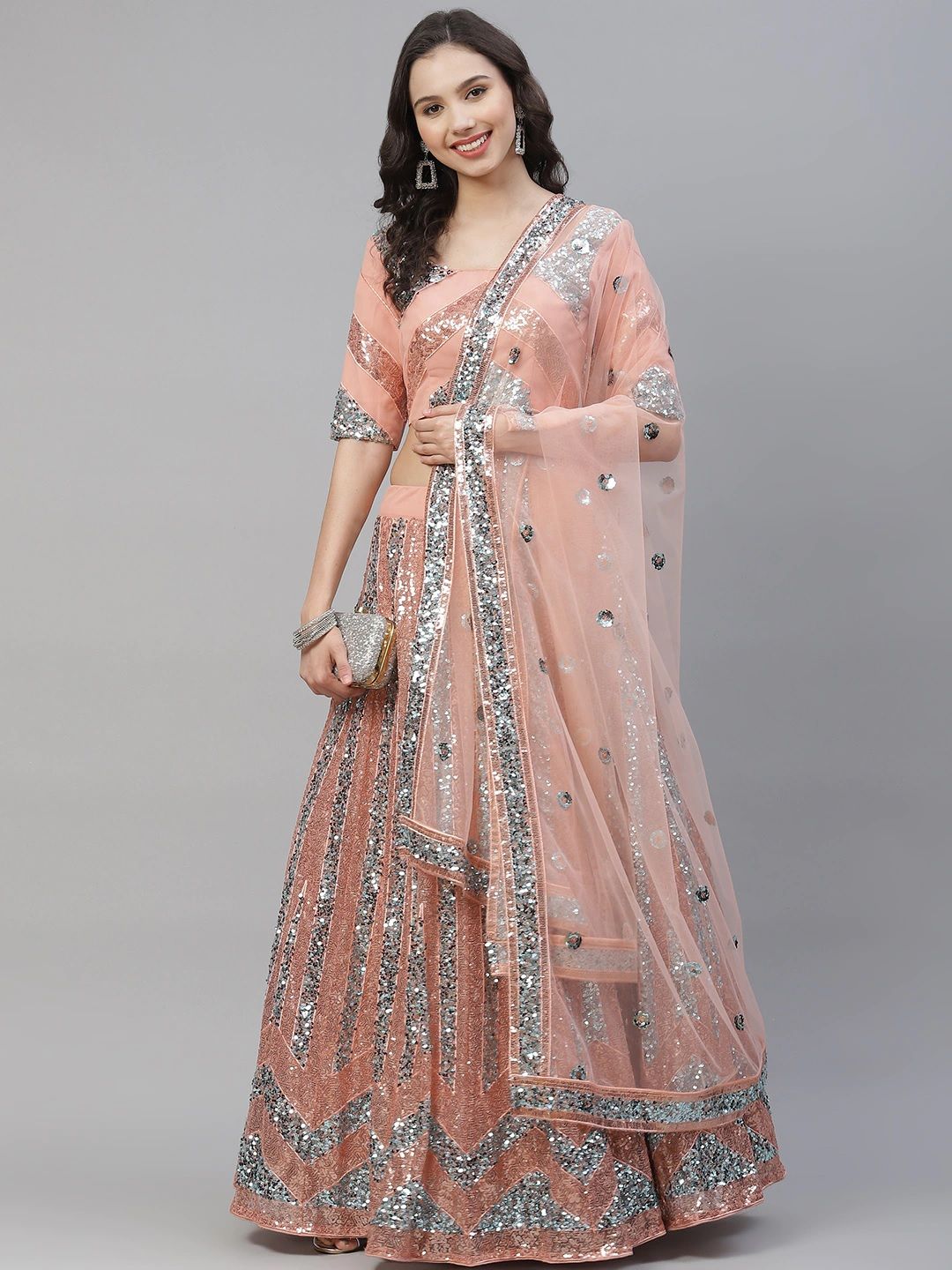 Peach Net Lehenga Choli | Heavy Sequins Embroidery for Bridal Partywear