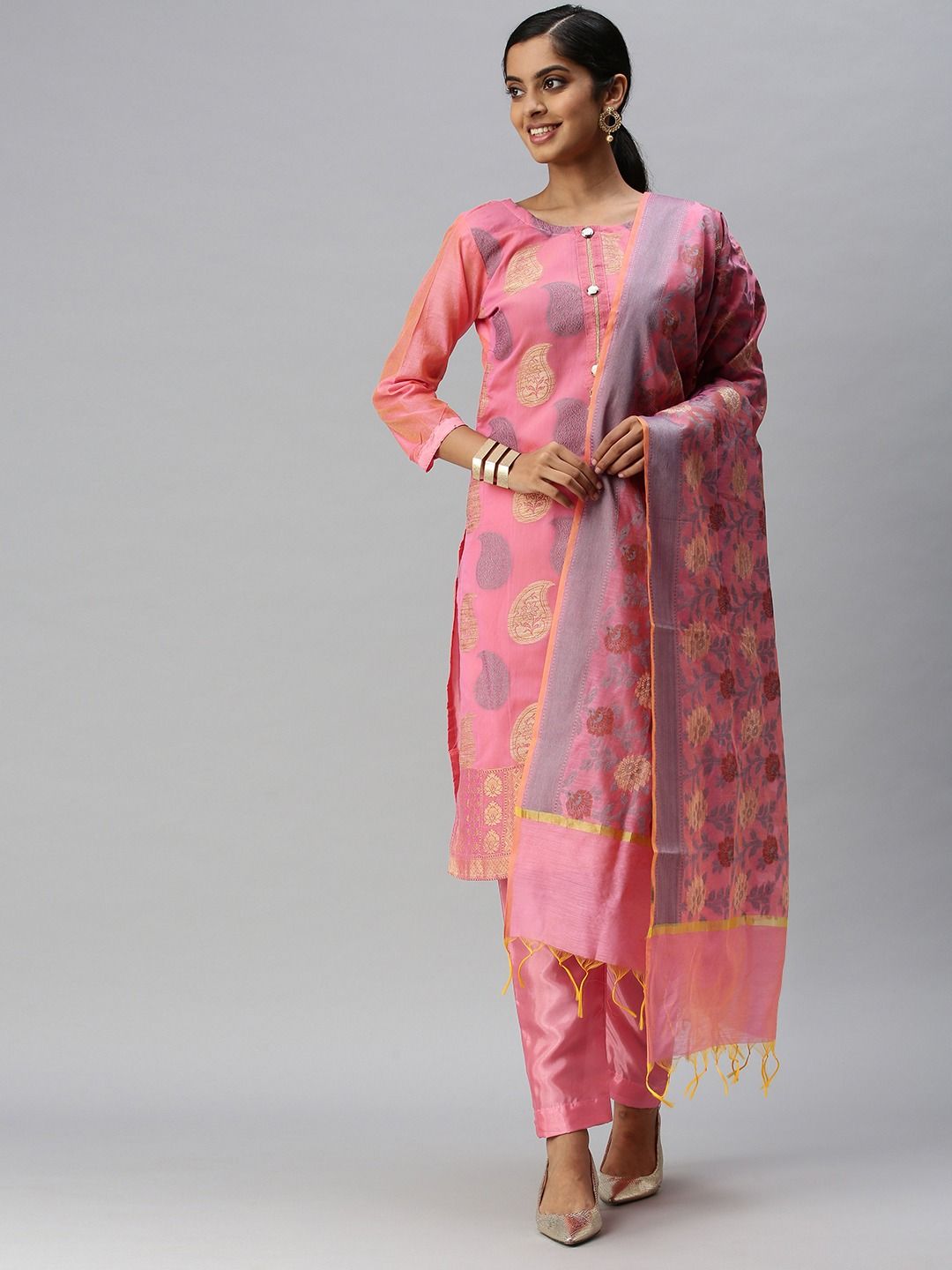 Banarasi Silk Jacquard Kurtis Set | Elegant Three-Quarter Sleeve Design