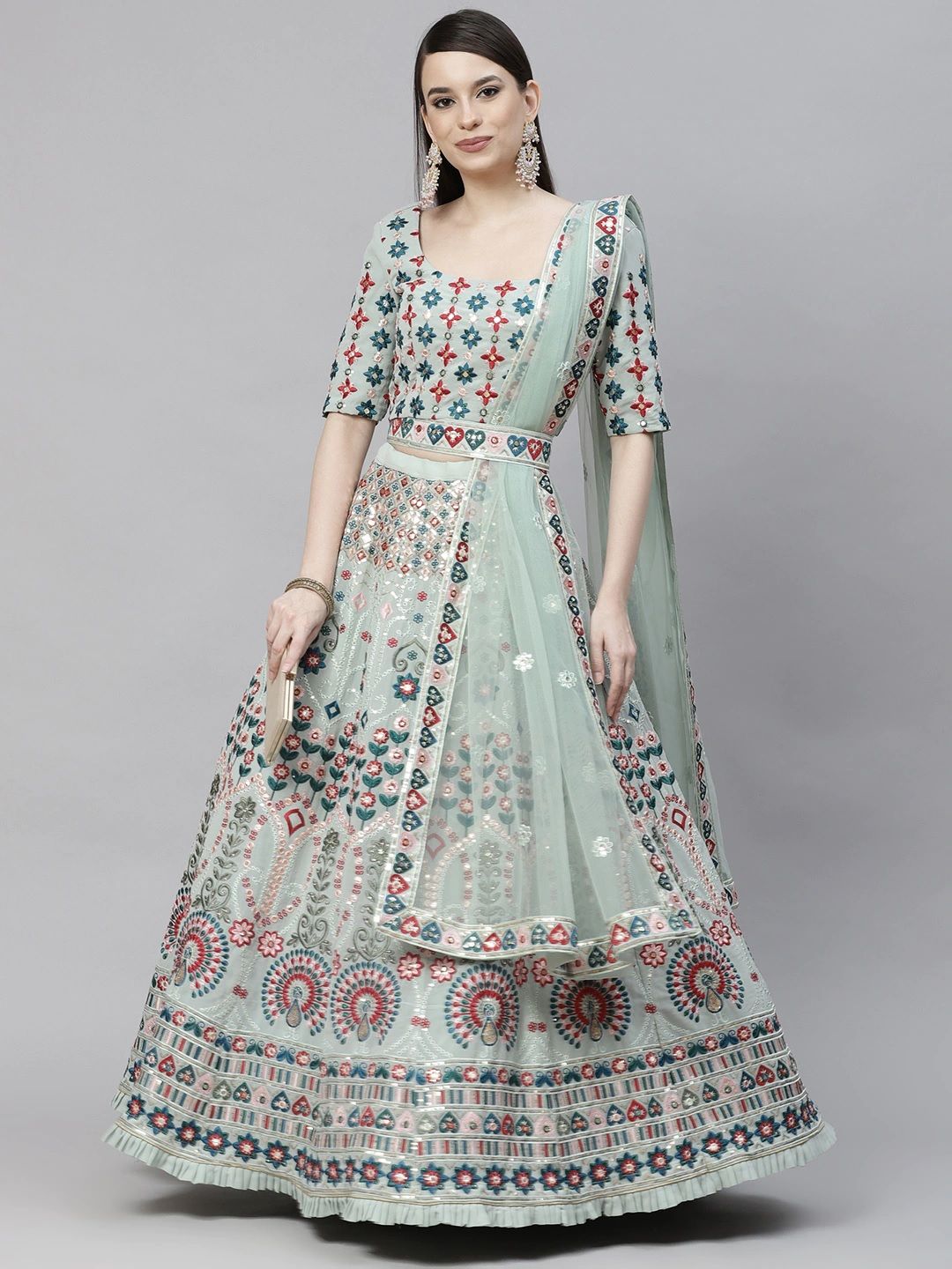 Pista Green Designer Lahenga Choli | Thread and Sequins Work with Net Dupatta