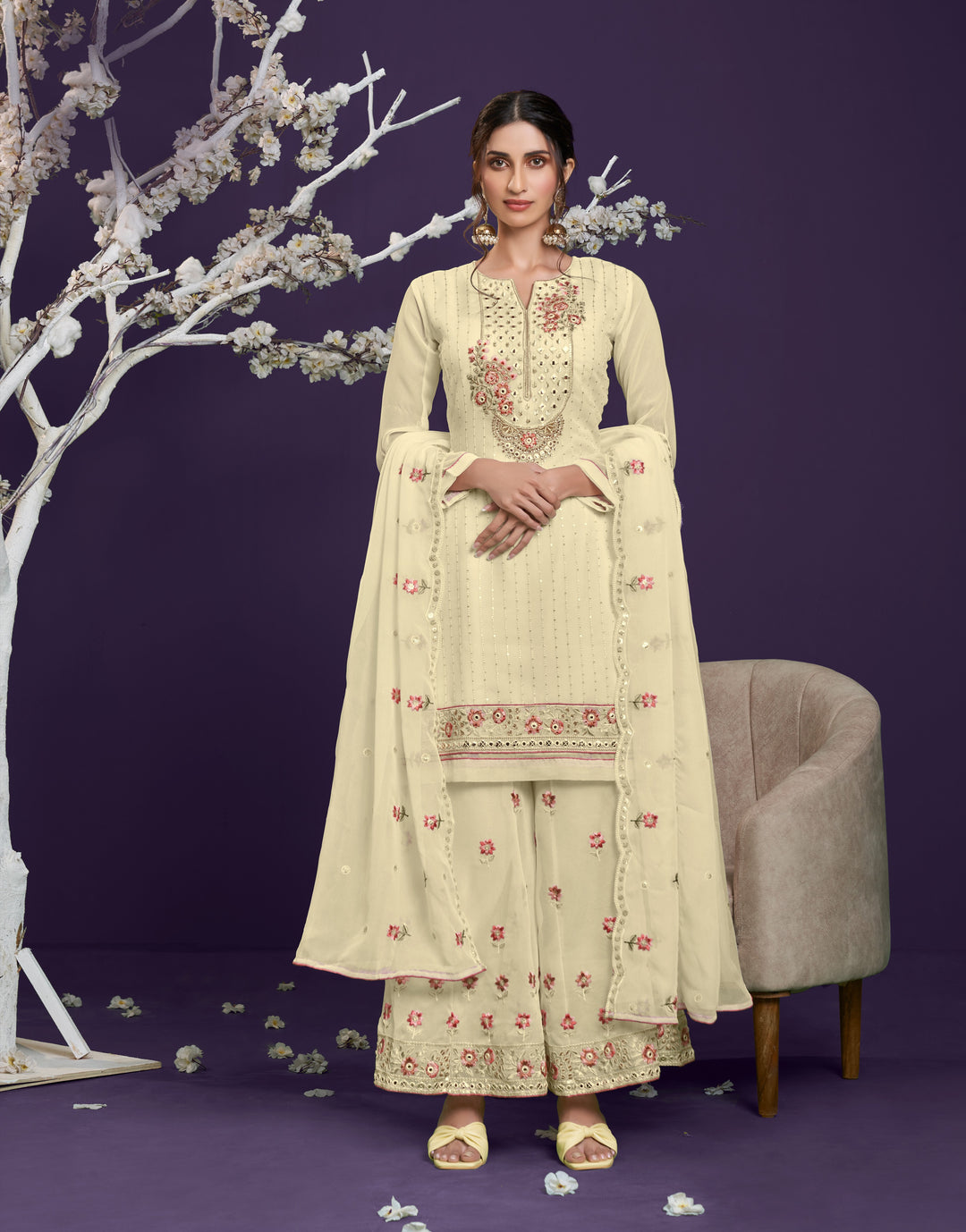 Elegant Georgette Sharara Suit | Thread & Sequin Embroidery | Wedding Ready