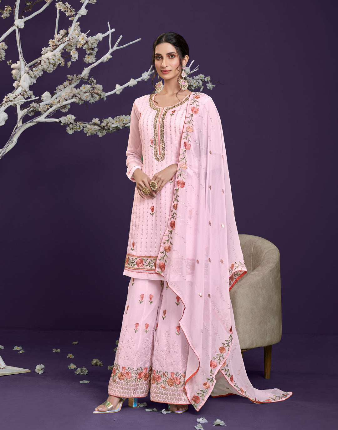 Georgette Sharara Suit | Thread & Sequins Embroidery | Full Sleeve | Wedding & Festive