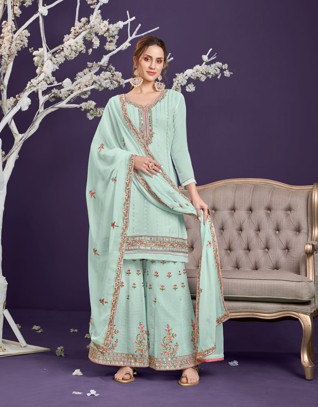 Stylish Georgette Sharara Suit | Thread & Sequins Embroidery | Full Sleeve