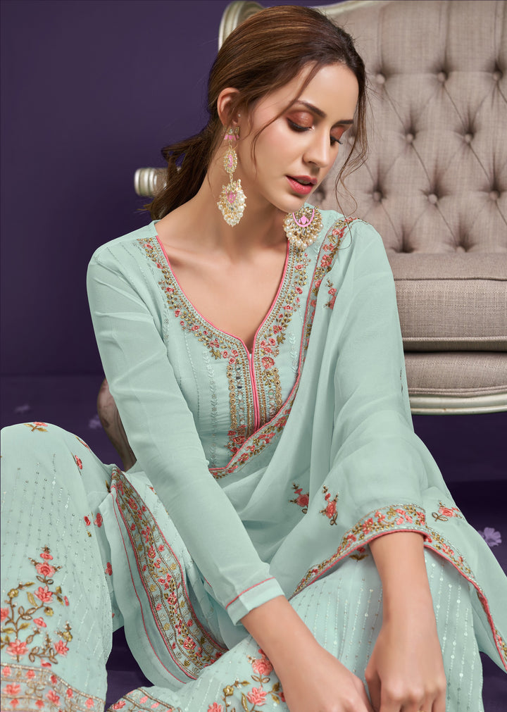 Stylish Georgette Sharara Suit | Thread & Sequins Embroidery | Full Sleeve