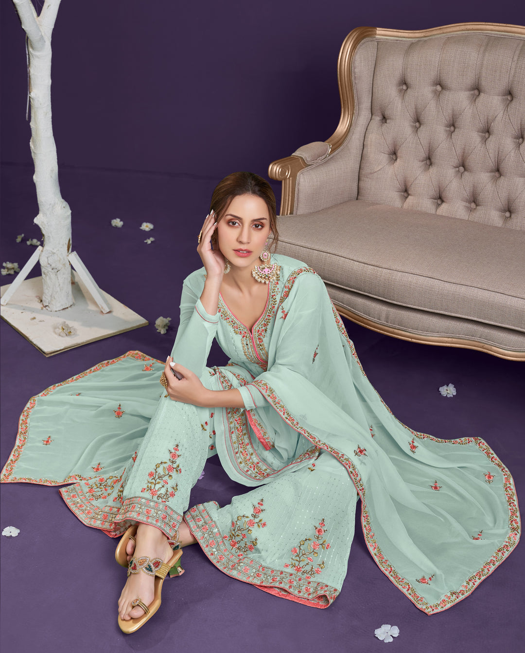 Stylish Georgette Sharara Suit | Thread & Sequins Embroidery | Full Sleeve