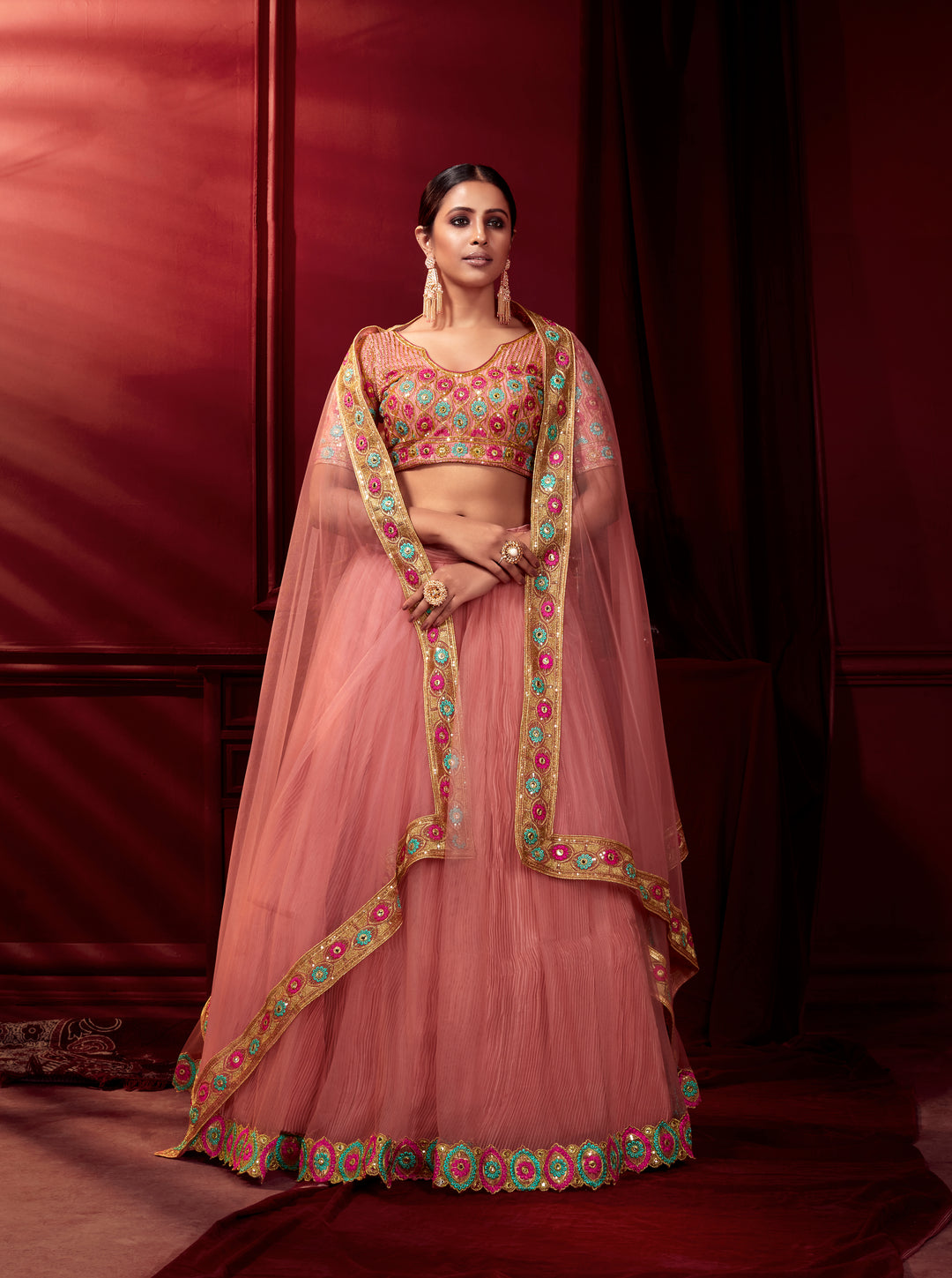 Elegant Net & Satin Lehenga with Zari Embroidery | Perfect for Weddings & Parties