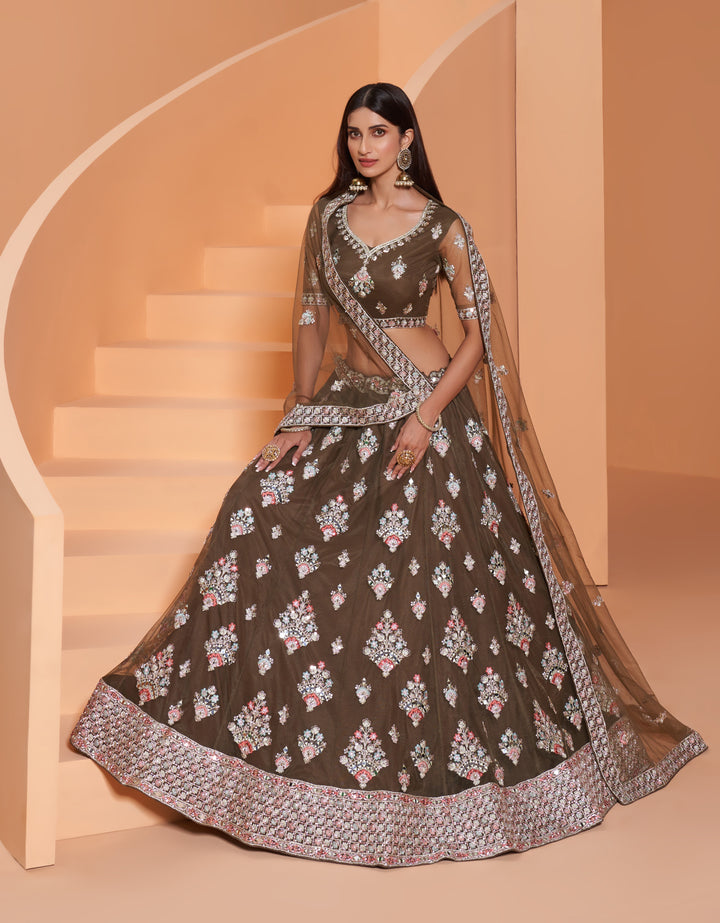 Net Bridal Lehenga with Embroidery & Mirror Work | Elegant Wedding Attire