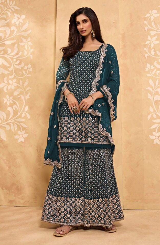 Designer Heavy Embroidery Sharara Suit | Faux-Georgette | Wedding Festive