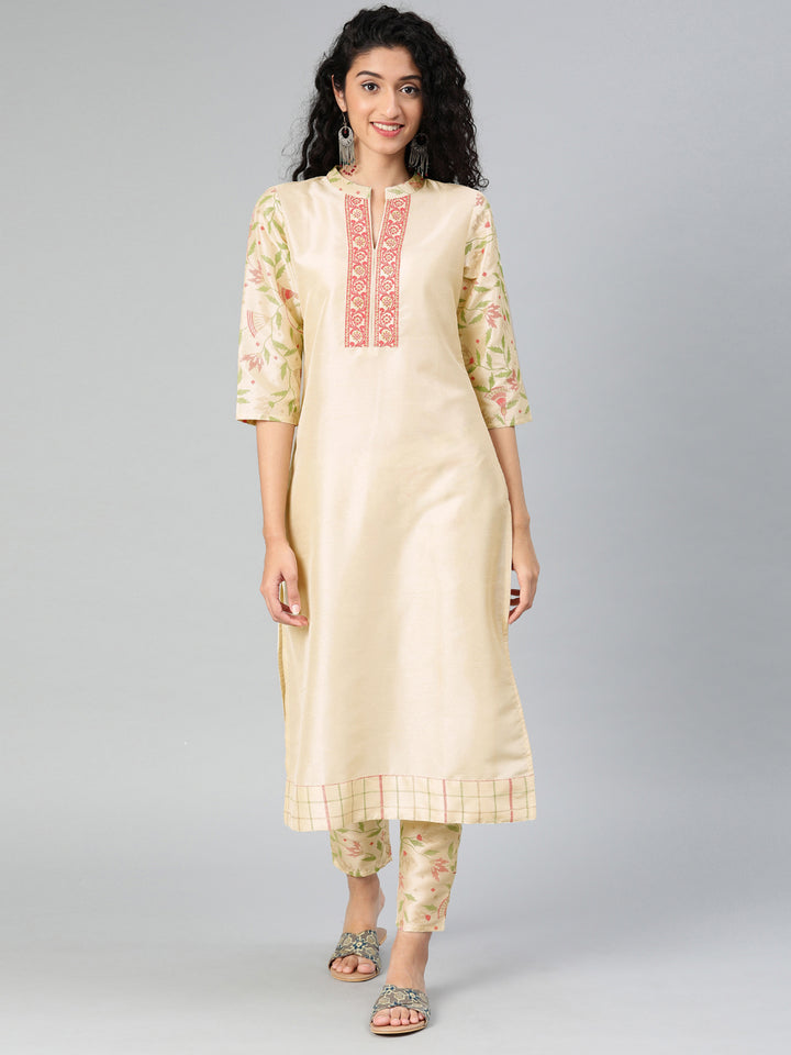 Stylish Cream Kurti & Bottom Set | Classic Poly Silk Design