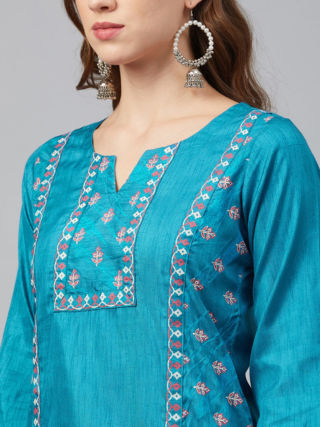 Stylish Teal Blue Kurti & Bottom Set | Elegant Designer Khadi Prints