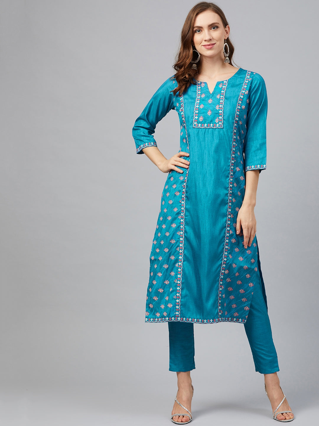 Stylish Teal Blue Kurti & Bottom Set | Elegant Designer Khadi Prints