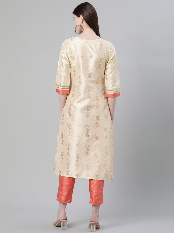 Stylish Cream & Peach Kurti & Bottom Set | Elegant Designer Foil Prints