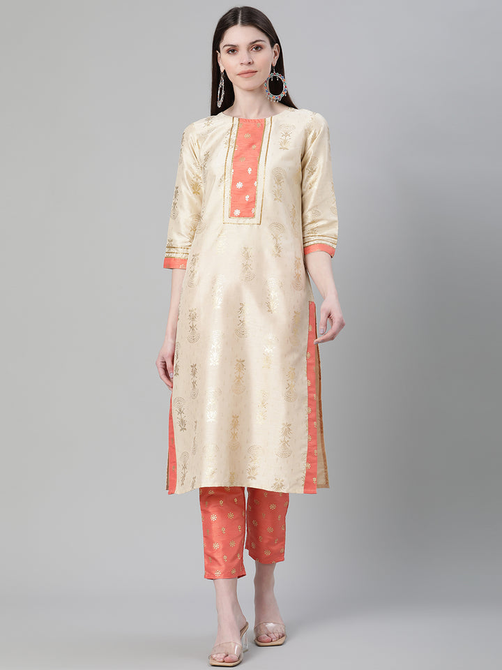 Stylish Cream & Peach Kurti & Bottom Set | Elegant Designer Foil Prints