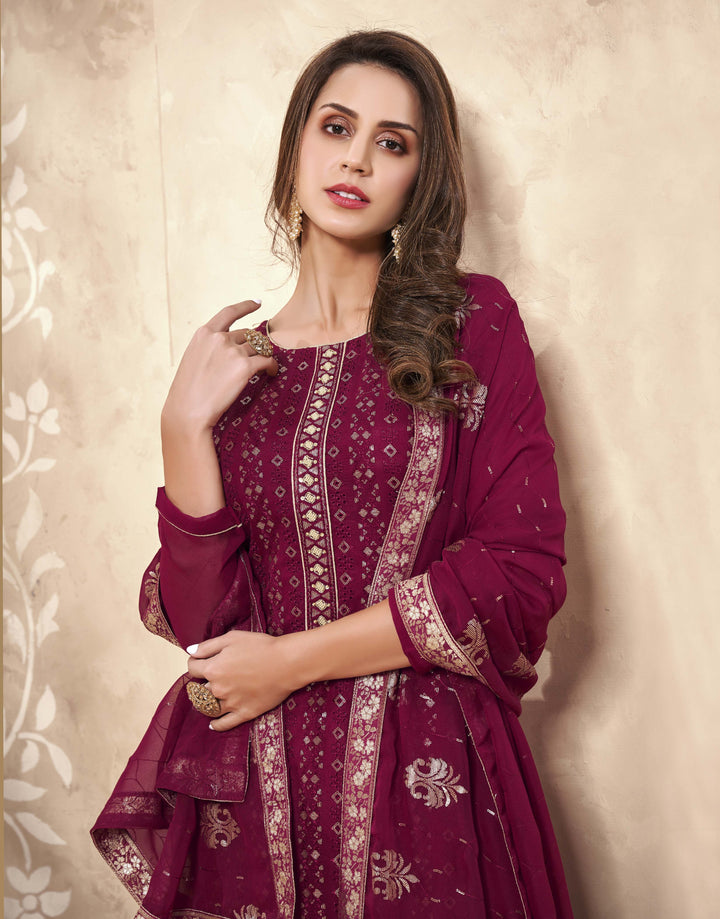 Designer Embroidered Georgette Salwar Kameez | Elegant Three-Quarter Sleeves