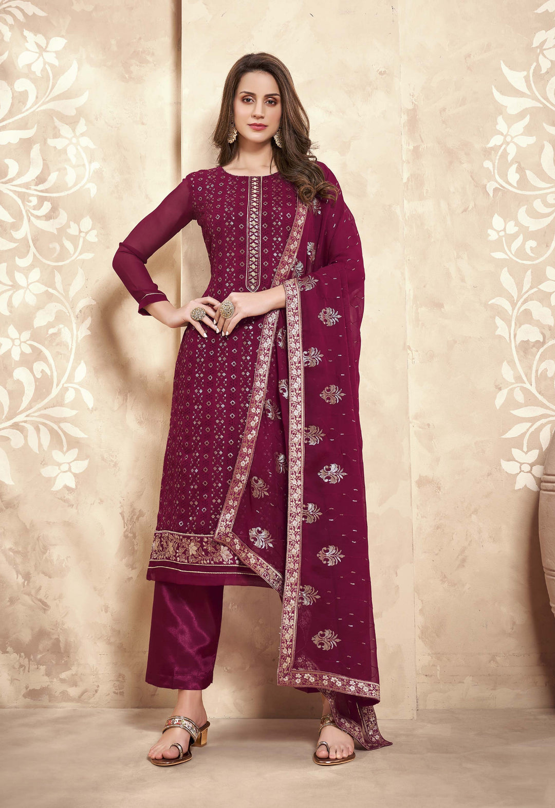 Designer Embroidered Georgette Salwar Kameez | Elegant Three-Quarter Sleeves