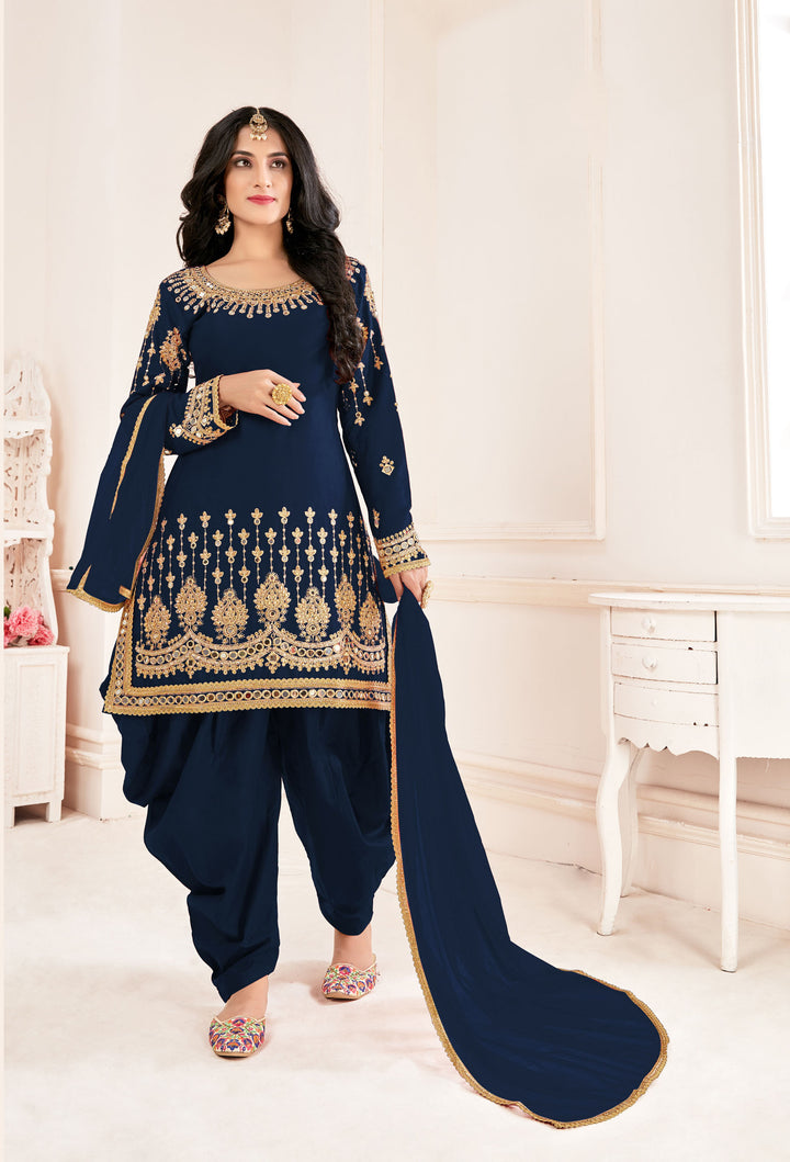 Designer Embroidered Soft-Silk Salwar Kameez | Full-Sleeve Round Neck