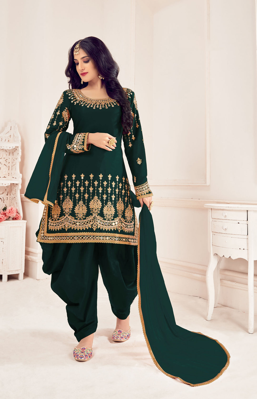 Designer Embroidered Soft-Silk Salwar Kameez | Full-Sleeve Round Neck